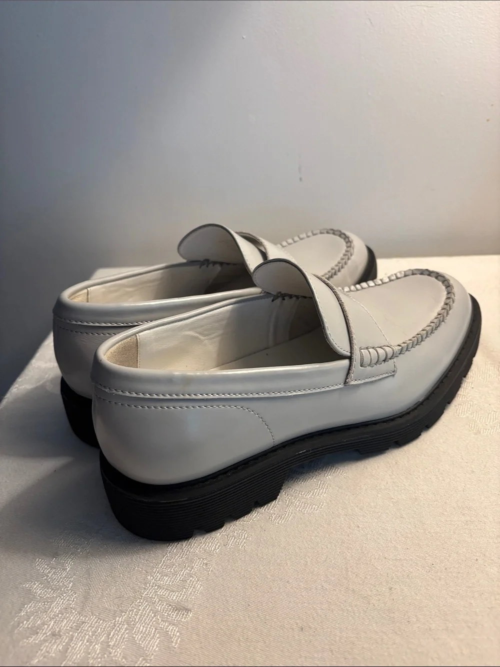Calvin Klein Light Gray Blue Leather Penny Loafers with Black Lug Sole